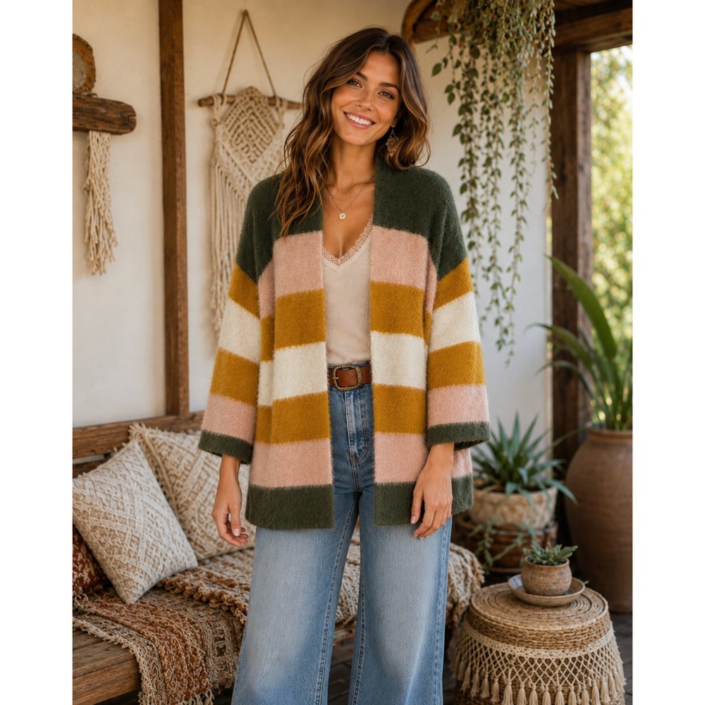 DO EVERYTHING IN LOVE Fuzzy Color Block Open Front Cardigan Sweater One Size